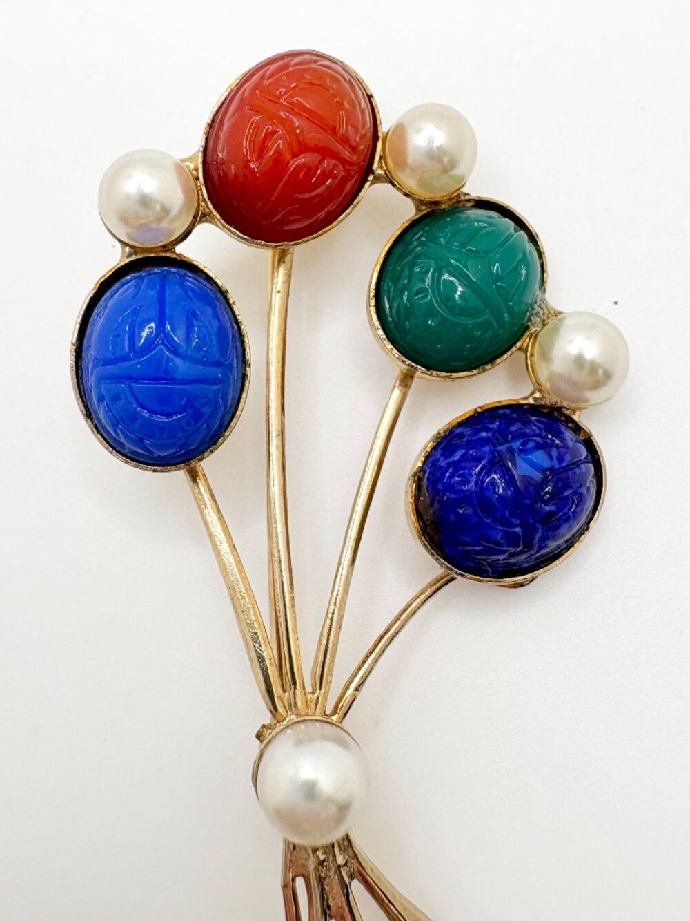 Vintage Scarab Brooch Egyptian Revival Resin Cabochon Faux Pearl Gold Tone Pin
